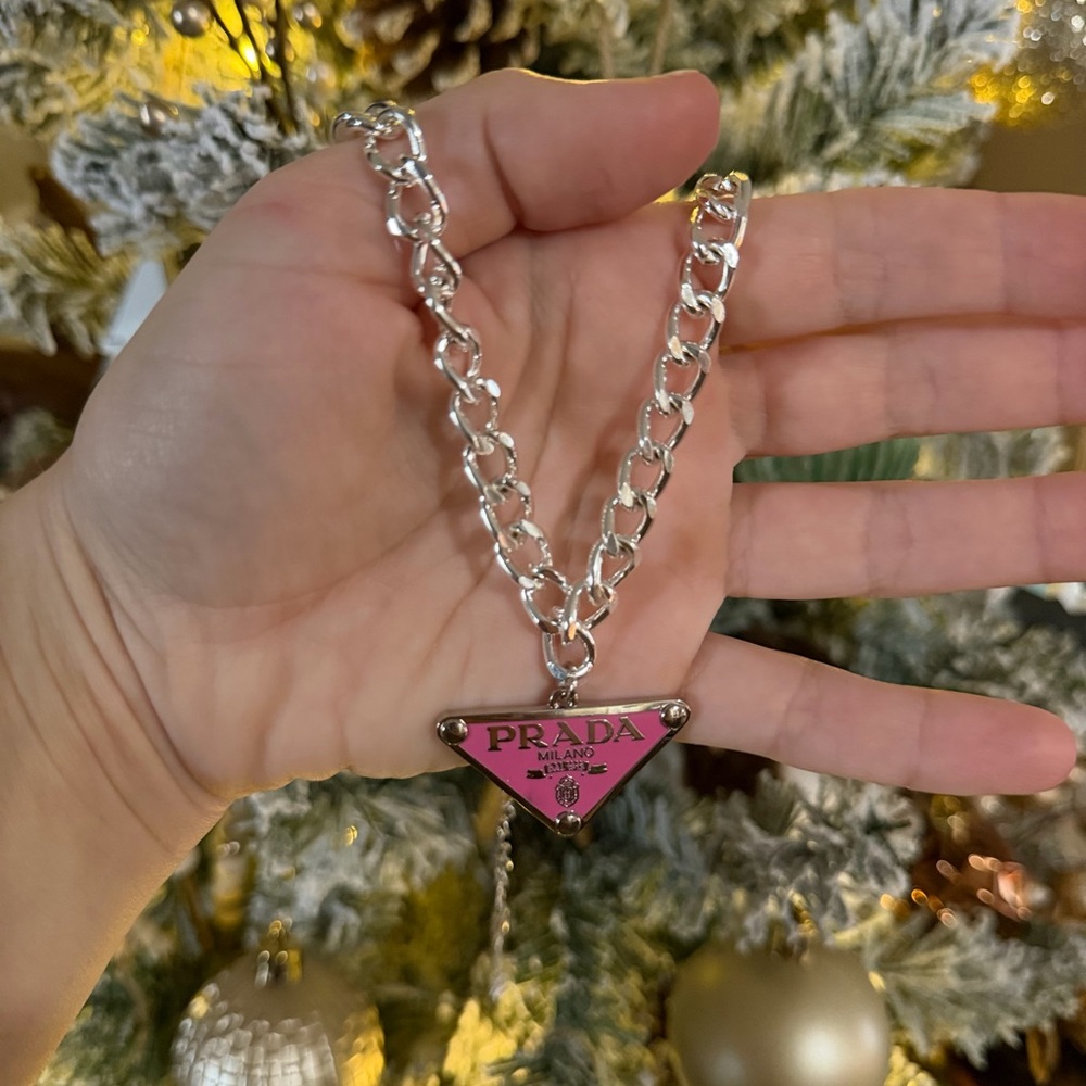 Prada Silver Chain with Pink Triangle Pendant